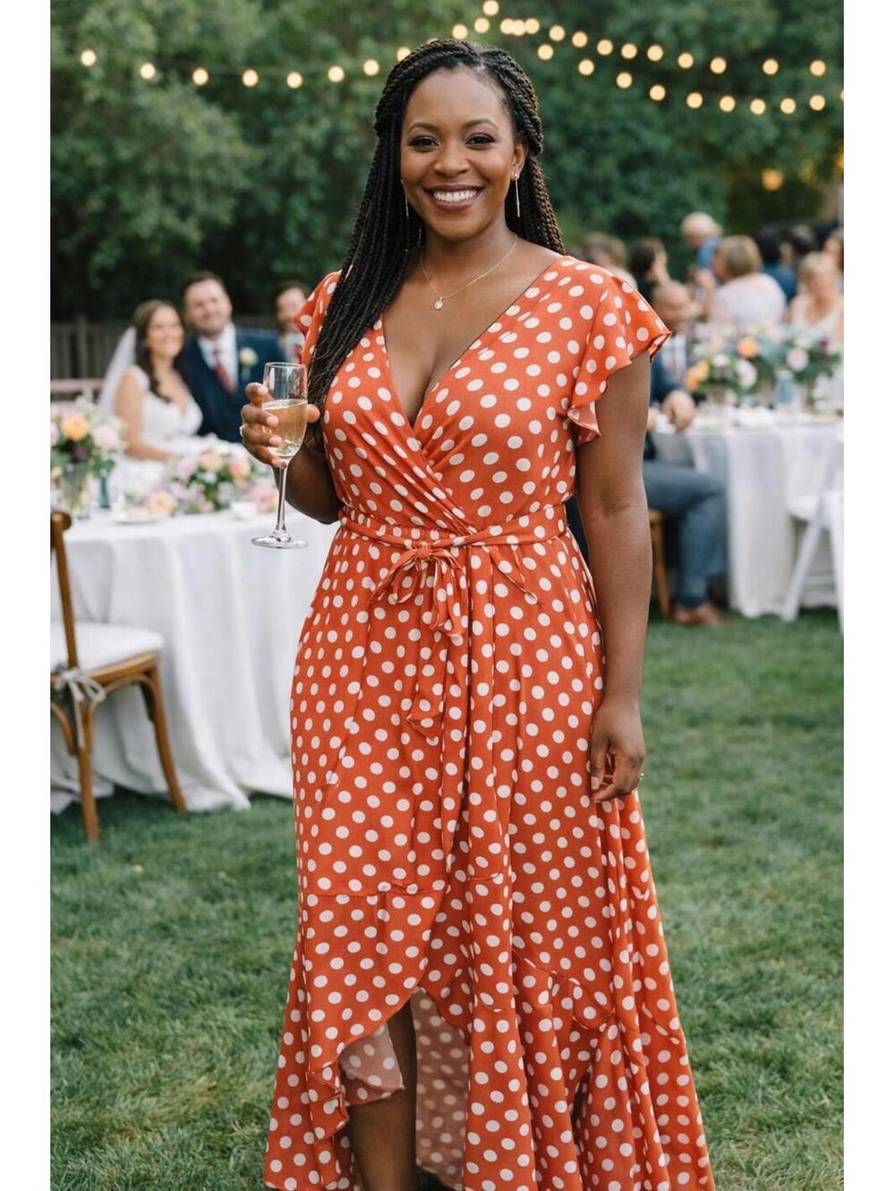Orange/White Polka Dot Grecerelle Dress M  Flutter Sleeve, Boho,Chic,Flutter Hem